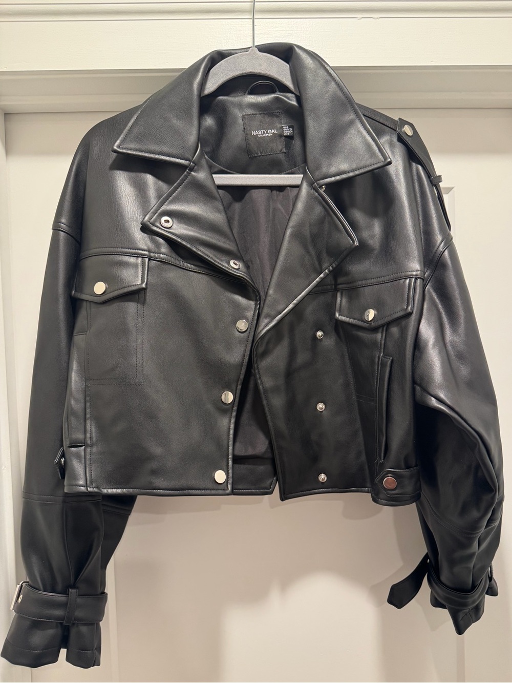 Nasty Gal Black Faux Leather Cropped Oversized Moto Jacket